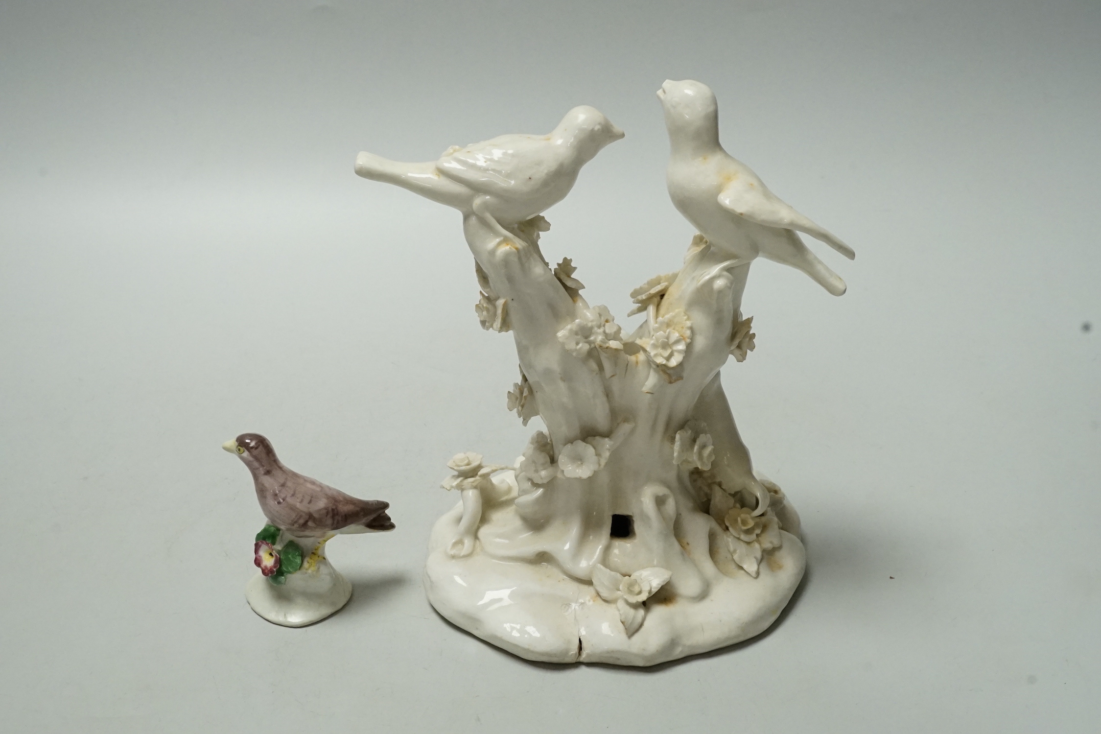 A small Derby porcelain bird and a Derby model of birds, 16cm, both c.1760-5